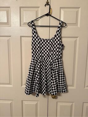 SHEIN Black & White Checkered Sleeveless Skater Dress with built in shorts